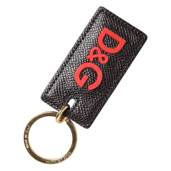 Dolce & Gabbana Black Calf Leather Logo Metal Ring Men Keychain Keyring