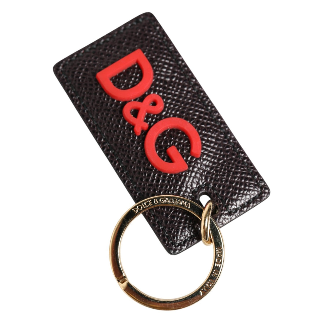 Dolce & Gabbana Black Calf Leather Logo Metal Ring Men Keychain Keyring