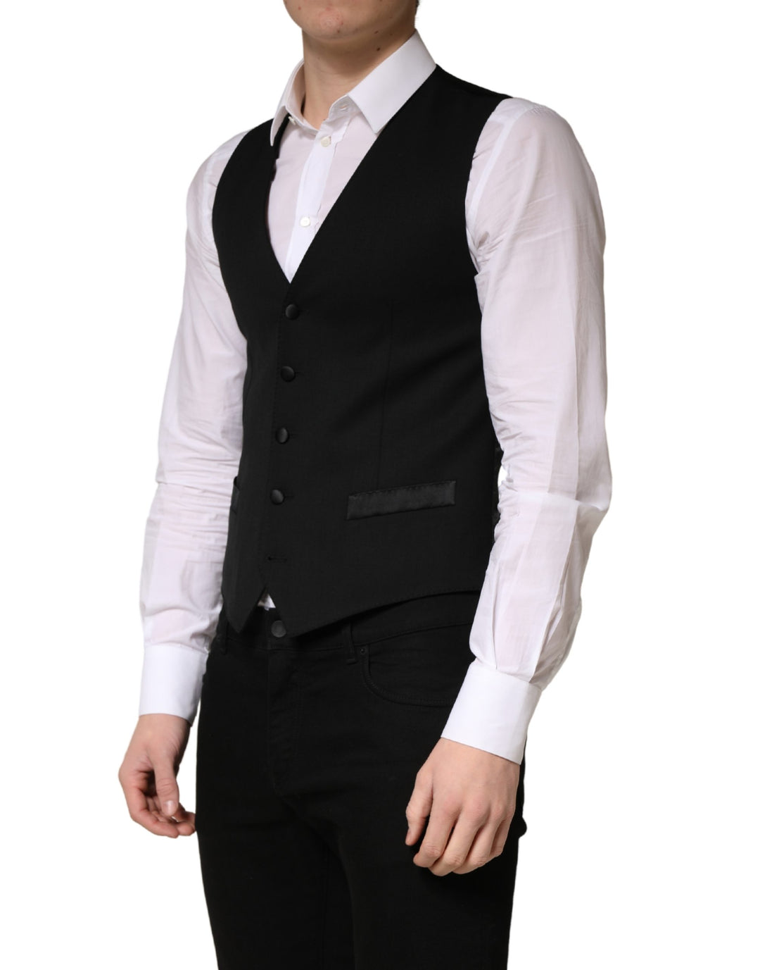 Dolce & Gabbana Black Wool Single Breasted Men Waistcoat Vest