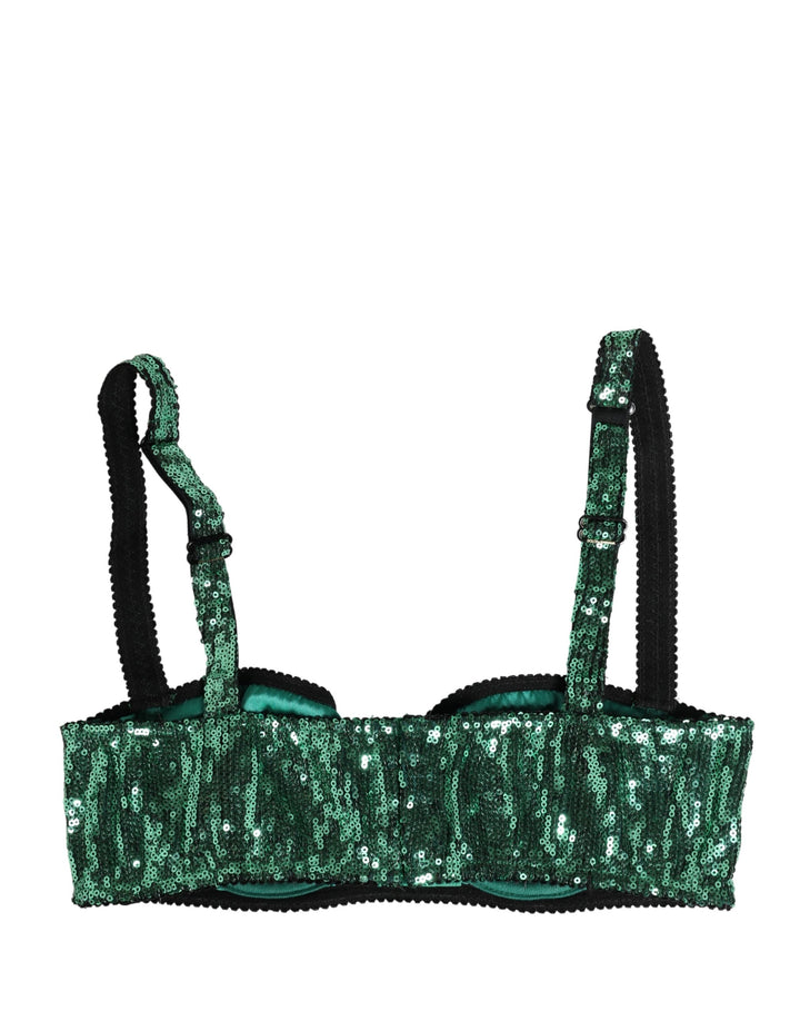 Dolce & Gabbana Green Sequined Nyon Balconnet Bra Underwear