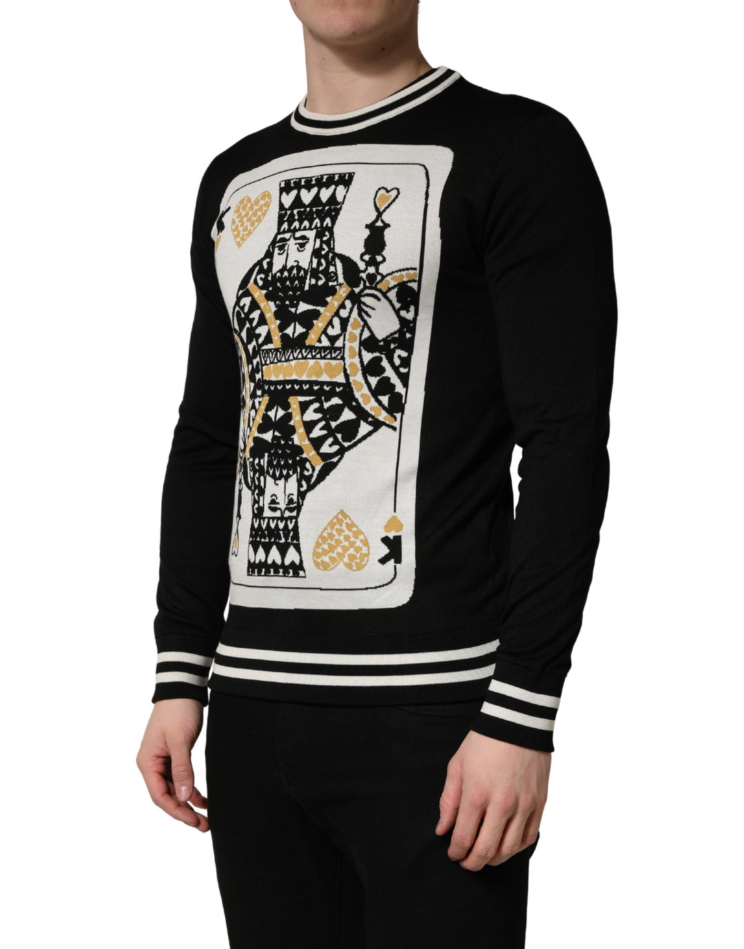 Dolce & Gabbana Black King Of Hearts Men Crew Neck Pullover Sweater