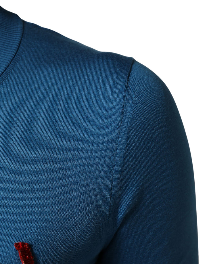Dolce & Gabbana Blue Silk Sequined CrewNeck Pullover Sweater