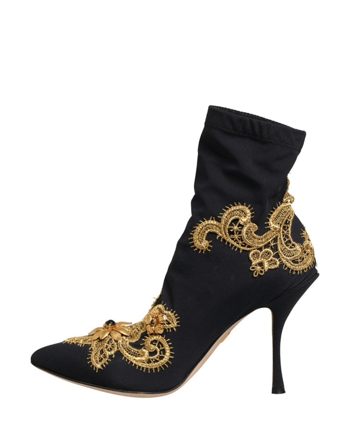 Dolce & Gabbana Black Gold Embroidery Crystal Boots Shoes