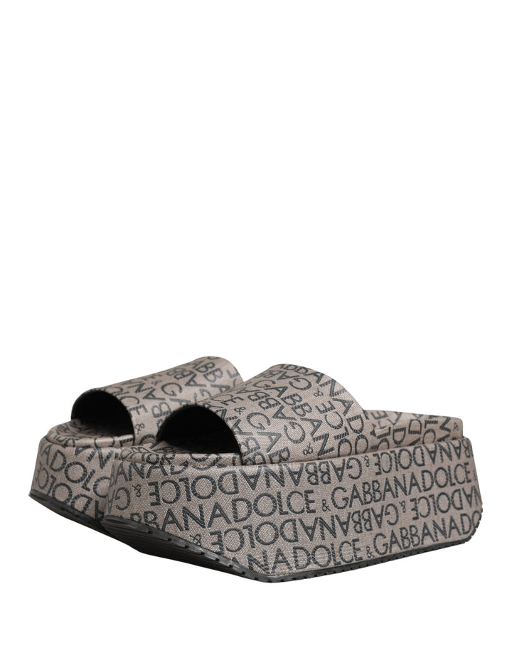 Dolce & Gabbana Gray Leather Monogram Logo Sandals Shoes