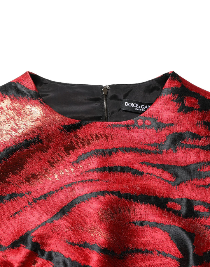 Dolce & Gabbana Red Black Tiger Print Jacquard Flared Dress