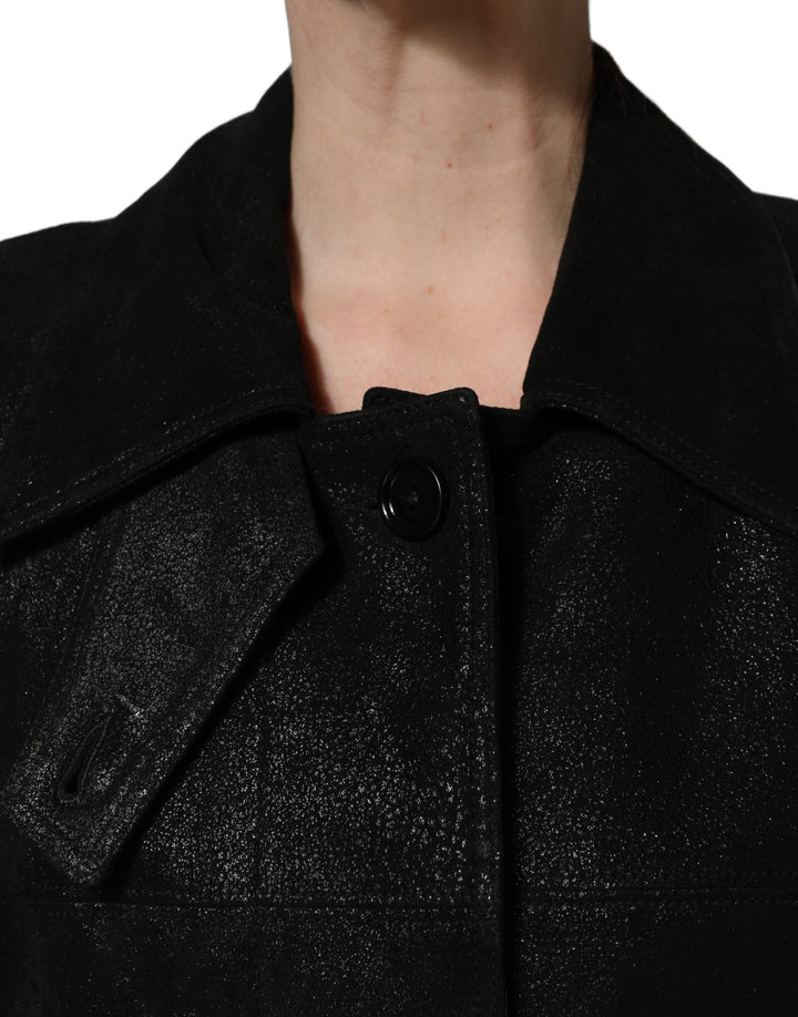 Dolce & Gabbana Black Belted Sheepskin Trench Coat Jacket
