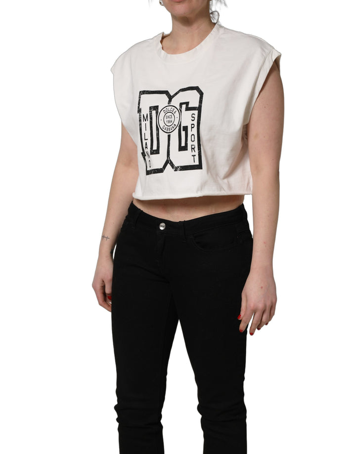 Dolce & Gabbana White Cotton DG Logo Print Cropped Jersey Top