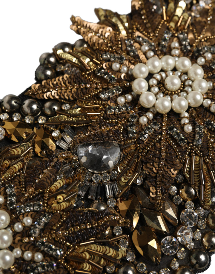 Dolce & Gabbana Black Gold Tone Crystal Brass Flower Brooches Belt