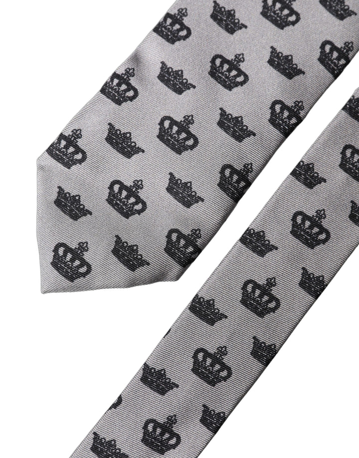 Dolce & Gabbana Gray Crown Fantasy Silk Adjustable Men Tied Necktie Tie