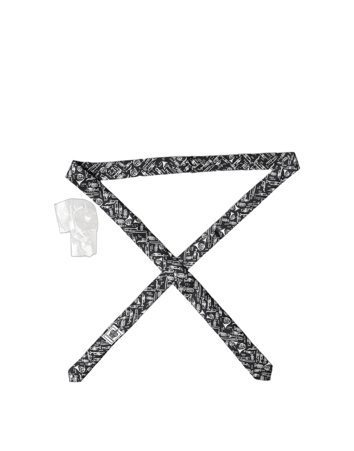 Dolce & Gabbana Black Trumpet Print Silk Adjustable Men Tied Necktie Tie