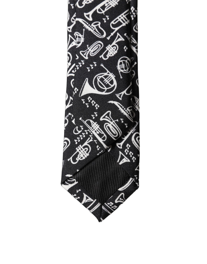 Dolce & Gabbana Black Trumpet Print Silk Adjustable Men Tied Necktie Tie