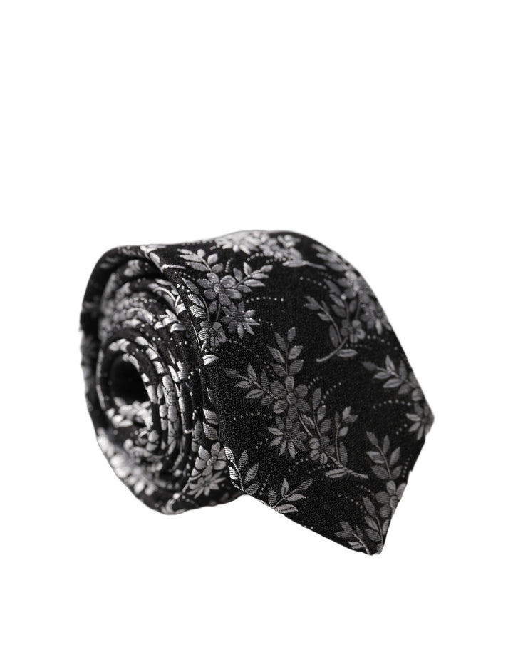 Dolce & Gabbana Black White Floral Silk Adjustable Men Tied Necktie Tie