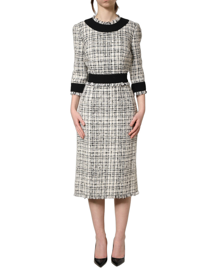 Dolce & Gabbana Black White Tweed Sheath A-line Midi Dress