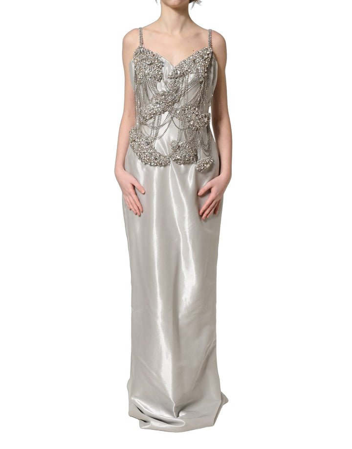 Dolce & Gabbana Silver Crystal Embellished EveningGown Dress