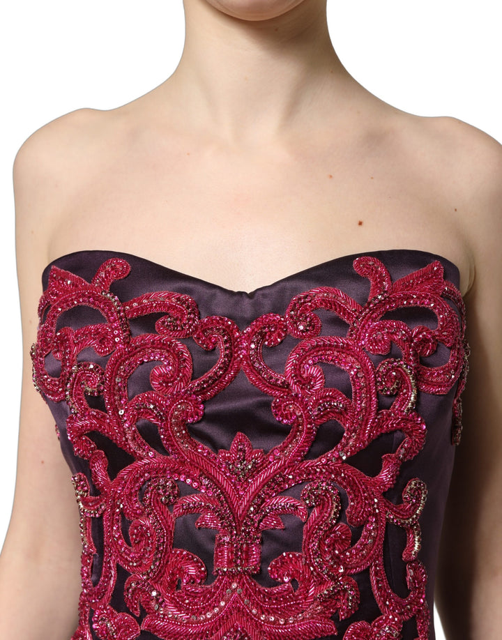 Dolce & Gabbana Purple Silk Crystal Strapless Floor Length Gown Dress