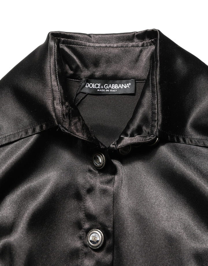 Dolce & Gabbana Black Satin Long Puff Sleeves Pleated Dress