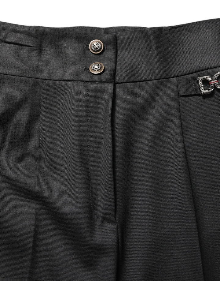 Dolce & Gabbana Black Wool High Waisted Logo Trouser Pants
