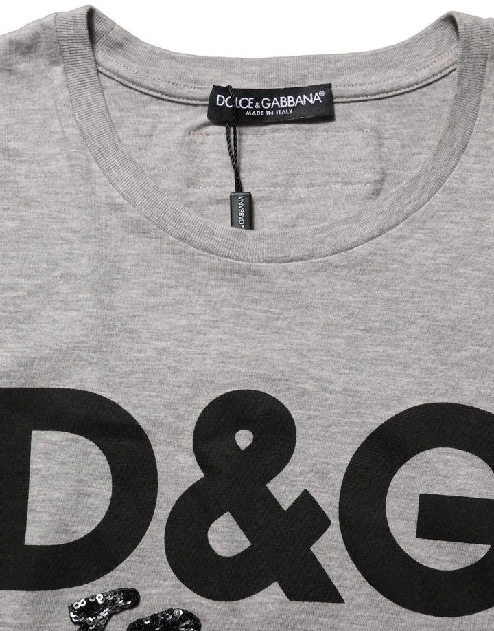 Dolce & Gabbana Gray Cotton Logo Printed Crew Neck T-shirt