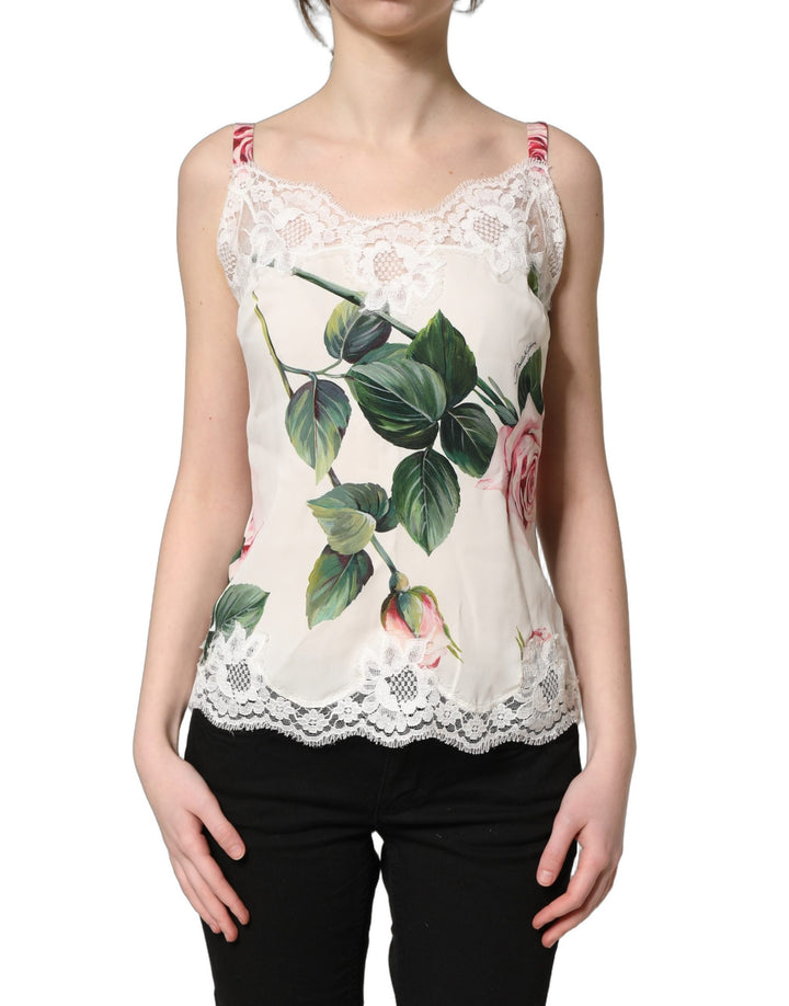 Dolce & Gabbana White Rose Print Lace Silk Camisole Tank Top