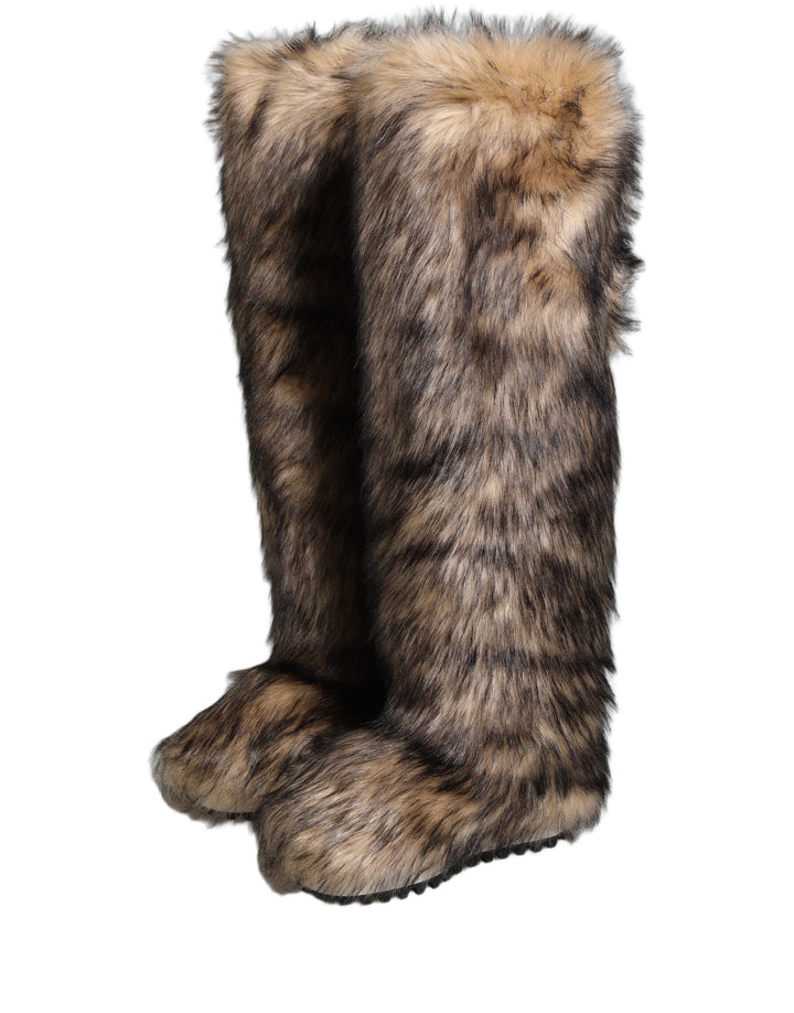 Dolce & Gabbana Brown Faux Skim Ski Fur Knee High Boots Shoes