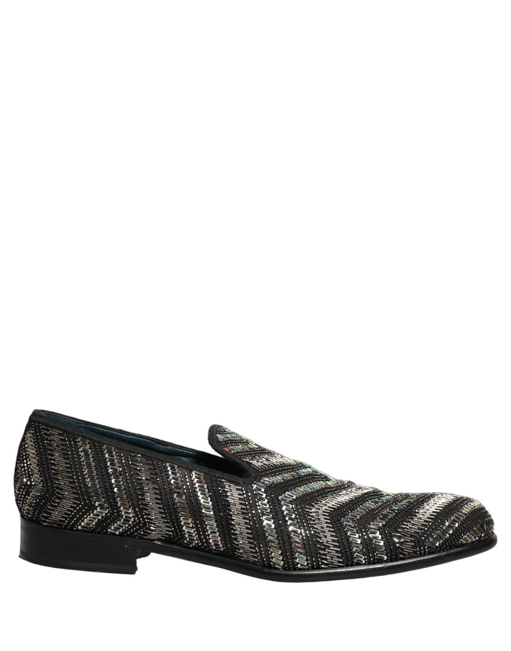 Dolce & Gabbana Black Silver Embellished Slip On Loafers Shoes