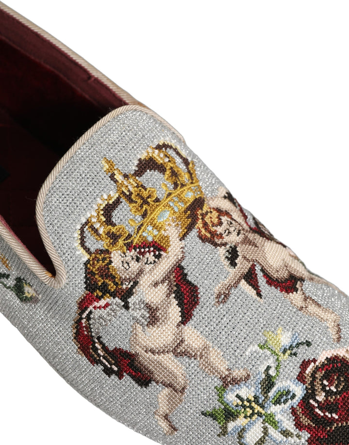 Dolce & Gabbana Gray Crown Rose Angel Embroidery Loafer Shoes