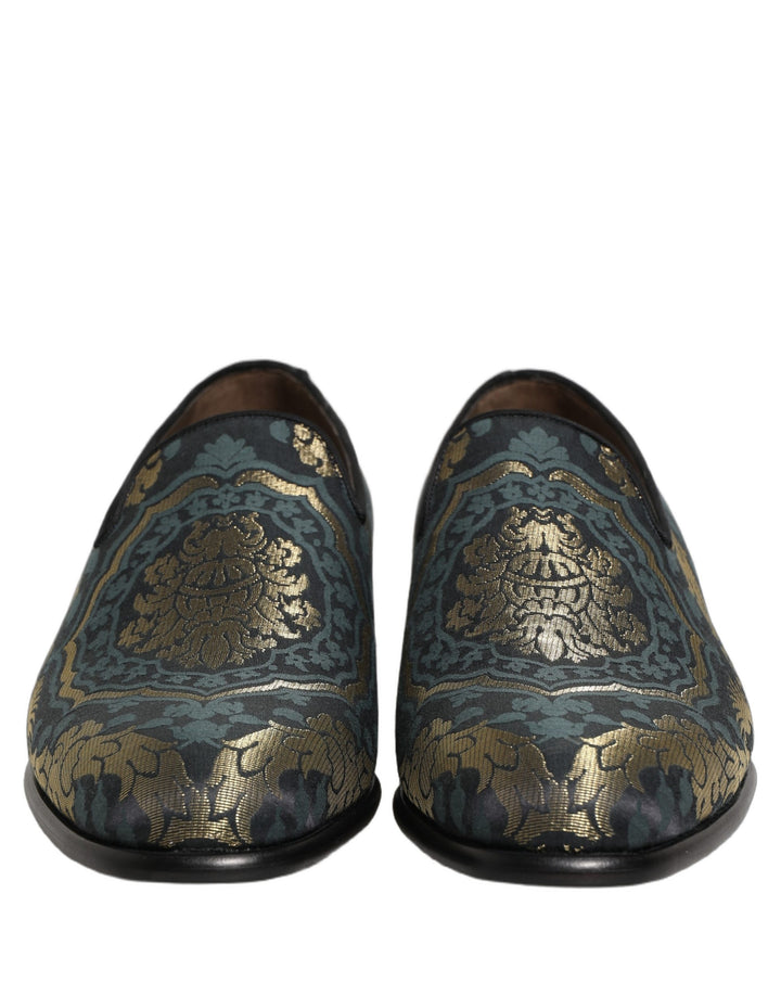Dolce & Gabbana Black Floral Brocade Slip On Loafers Shoes