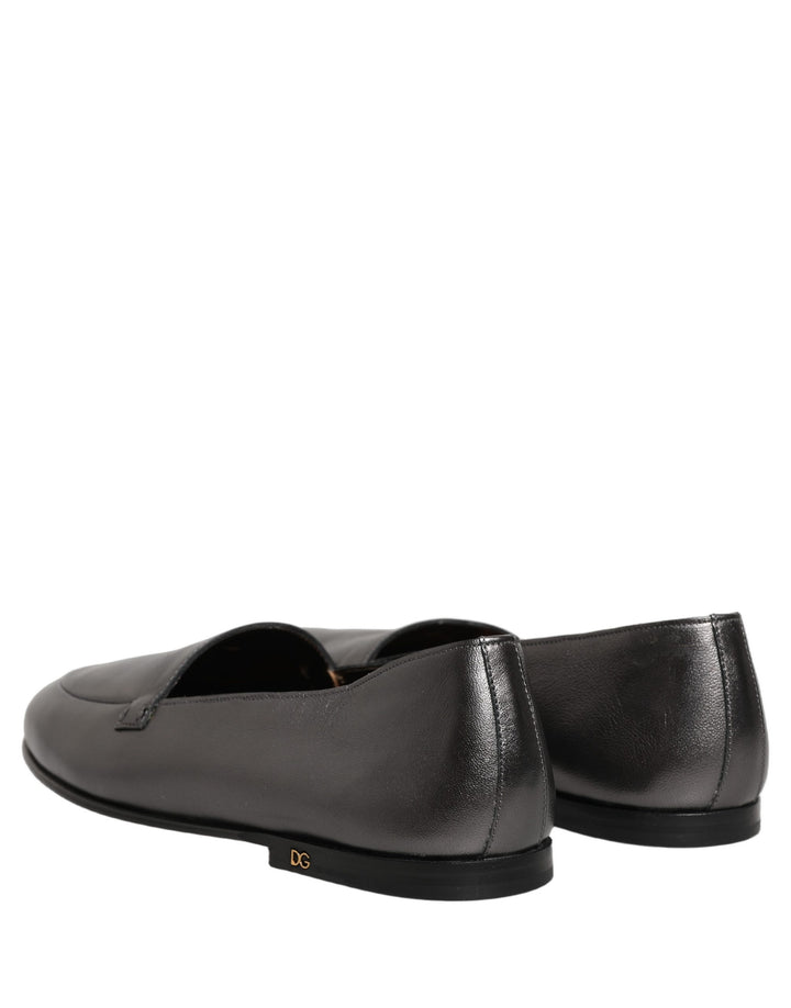 Dolce & Gabbana Silver Leather DG Logo Slip On Loafers Shoes