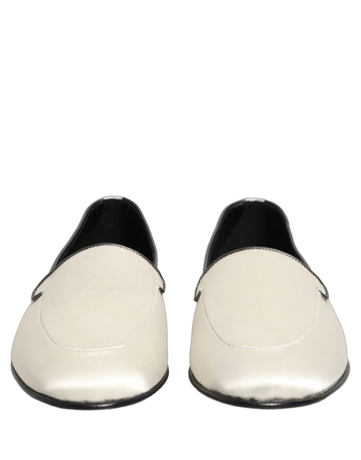 Dolce & Gabbana White Satin Logo Slip On Flats Loafers Shoes