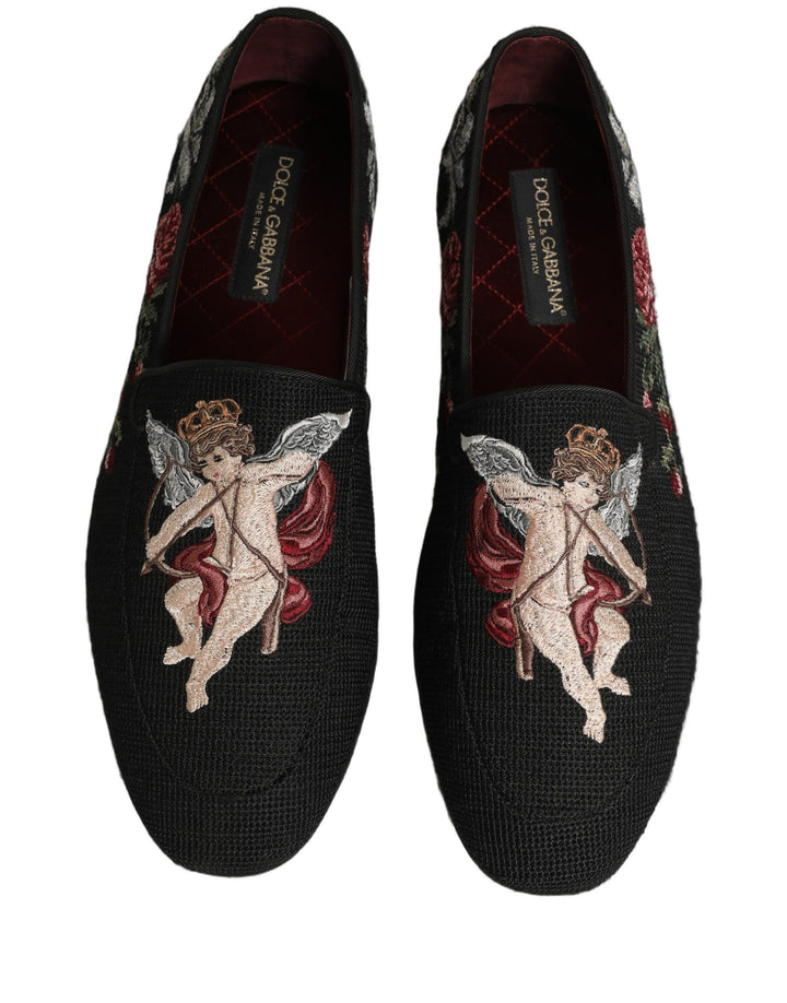 Dolce & Gabbana Black Baroque Angel Crown Rose Loafers Shoes