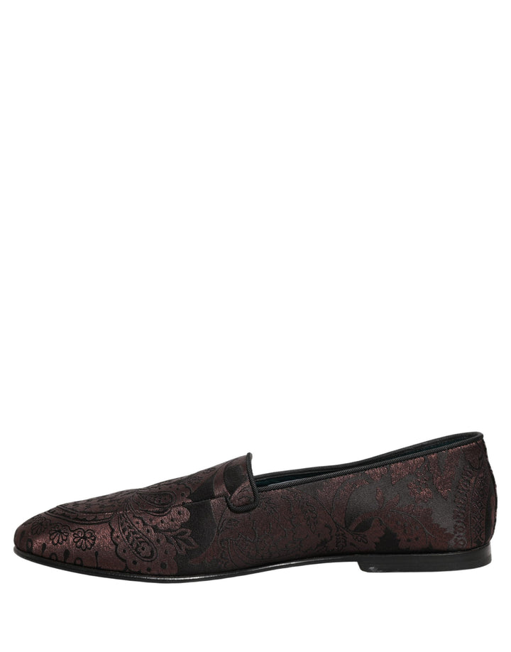 Dolce & Gabbana Maroon Jacquard Leather Slip On Loafers Shoes