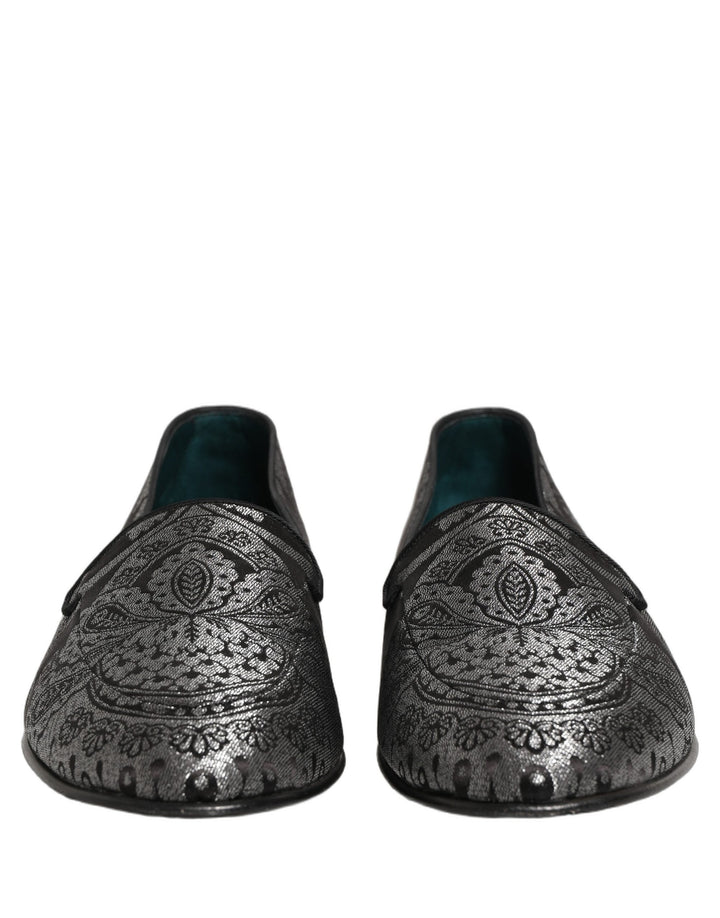 Dolce & Gabbana Silver Jacquard Leather Slip On Loafers Shoes