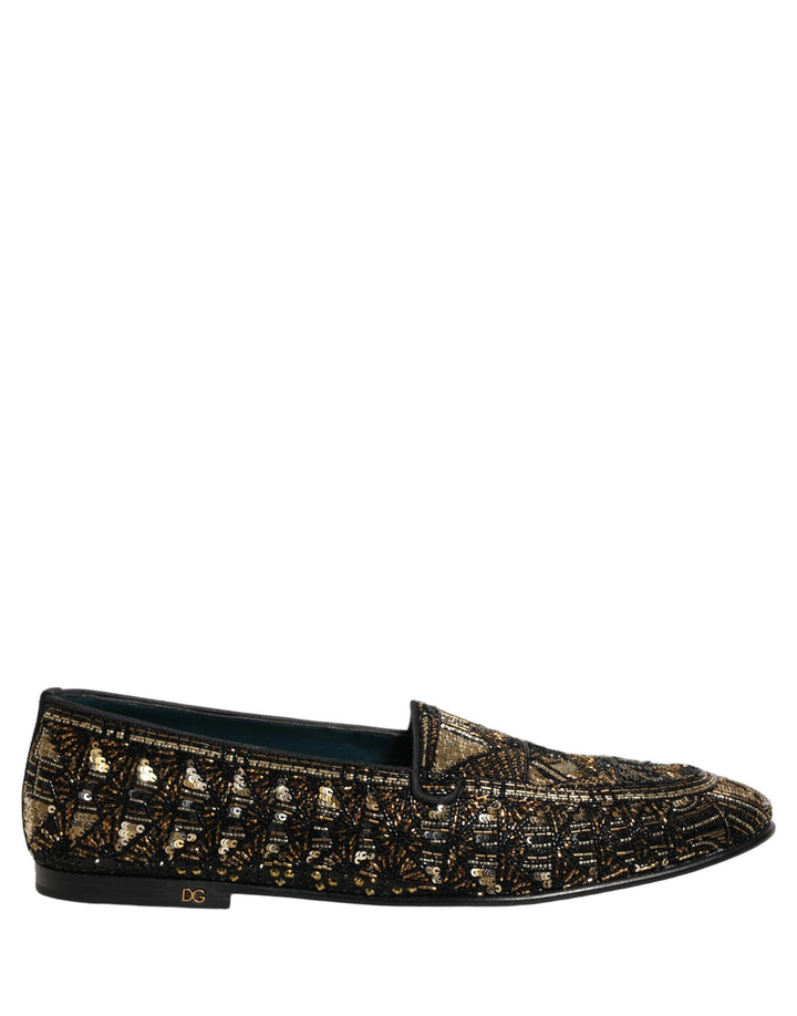 Dolce & Gabbana Black Gold Embellished Slip On Loafers Shoes