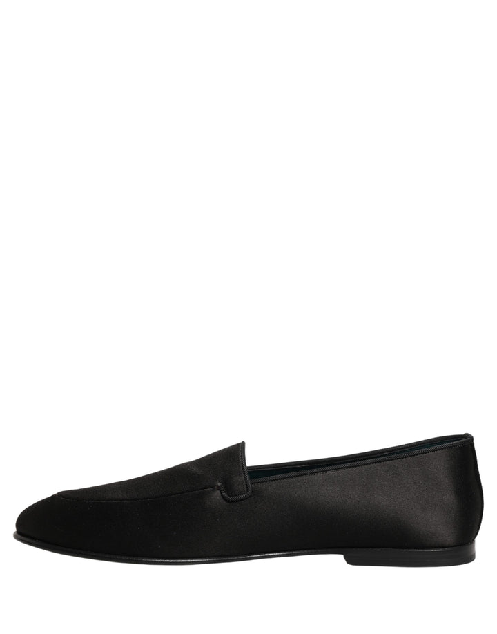 Dolce & Gabbana Black Satin Logo Slip On Flats Loafers Shoes