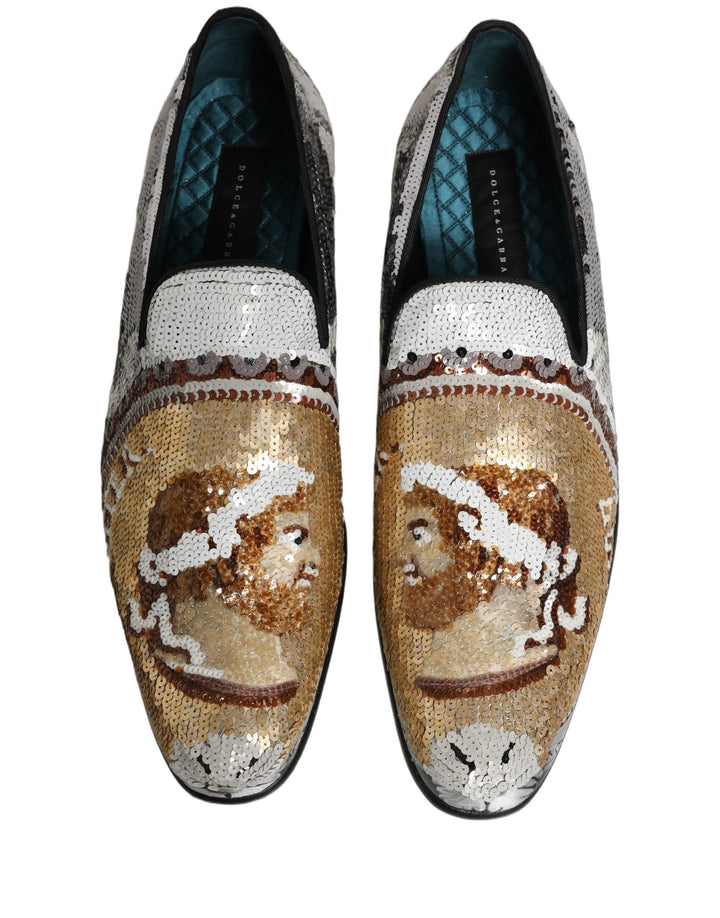 Dolce & Gabbana White Gold Sequined Slip On Loafers Shoes