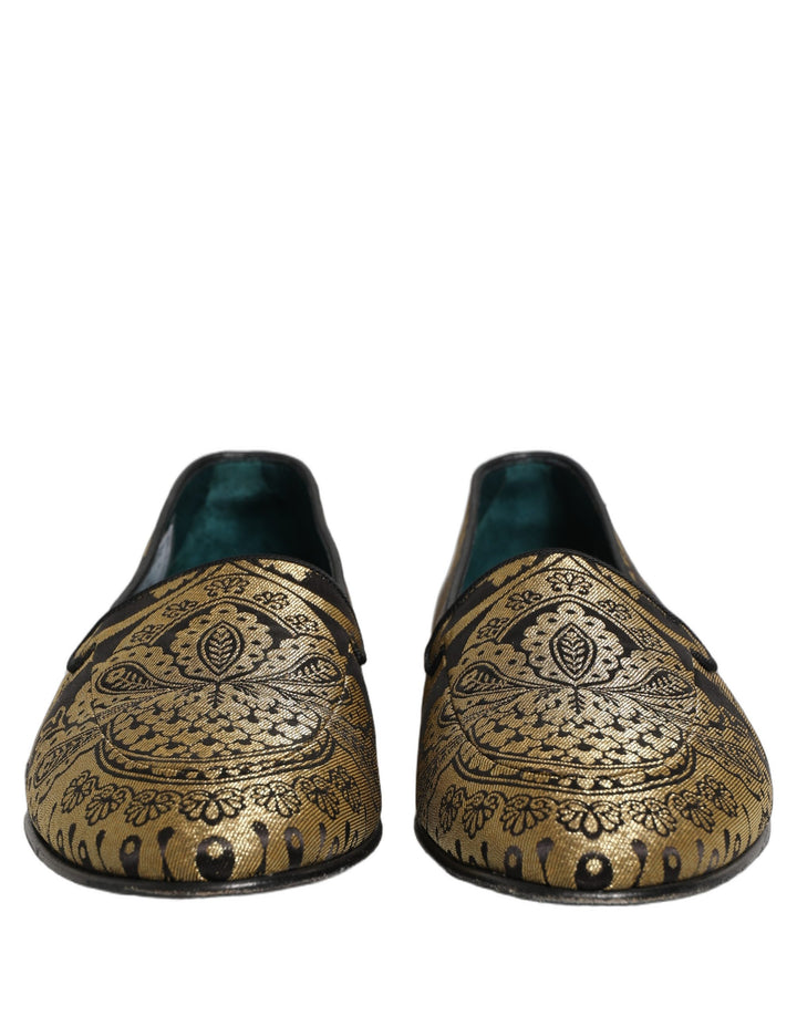 Dolce & Gabbana Gold Jacquard Leather Slip On Loafers Shoes
