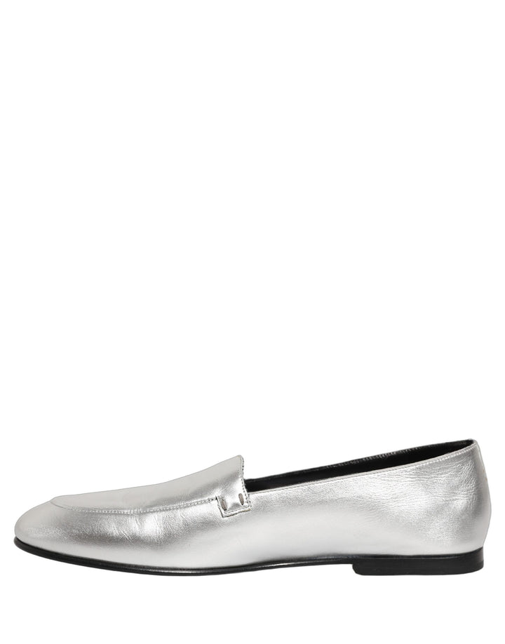 Dolce & Gabbana Silver Leather DG Logo Slip On Loafers Shoes
