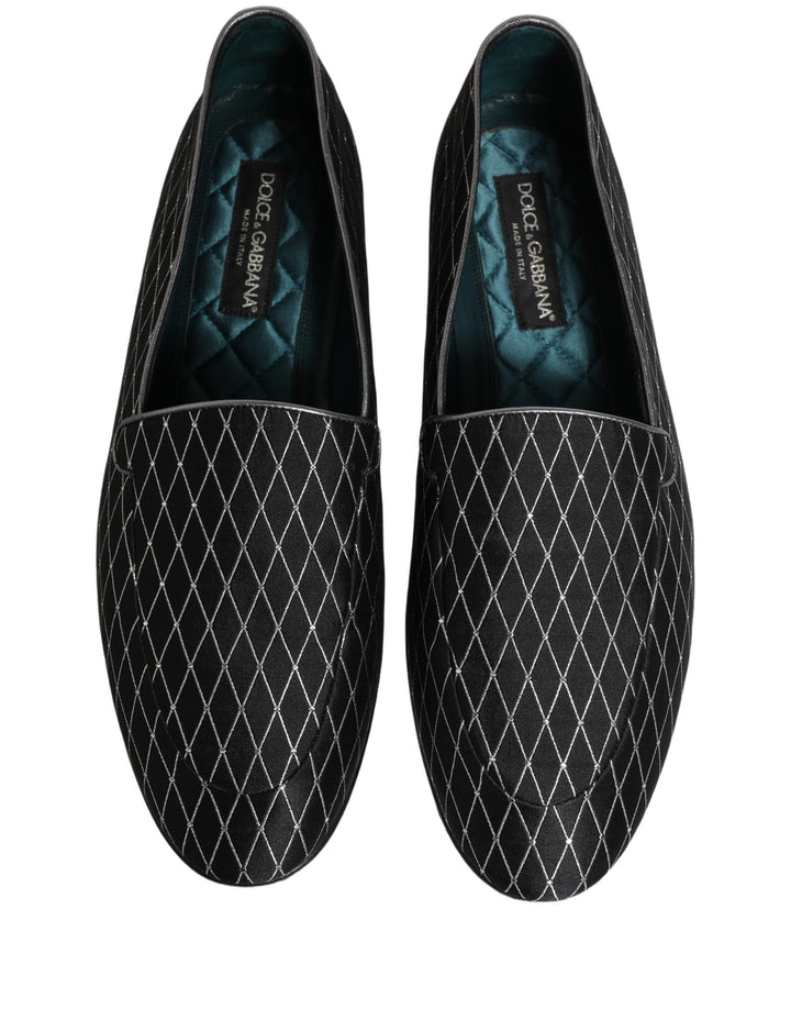 Dolce & Gabbana Black Velvet Diamond Stitched Loafers Shoes