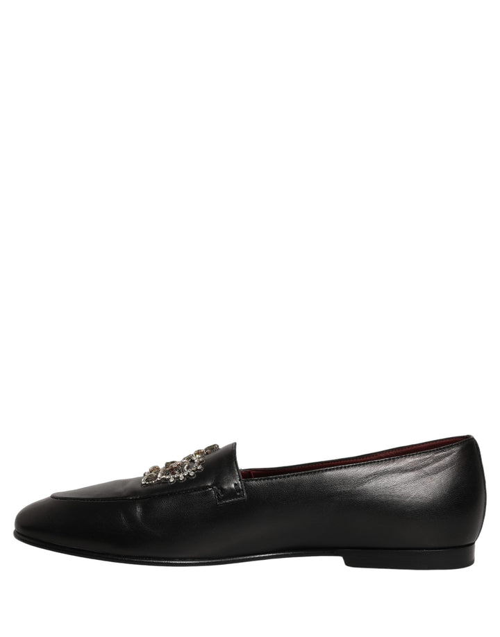 Dolce & Gabbana Black Leather Crown Embellished Loafers Shoes