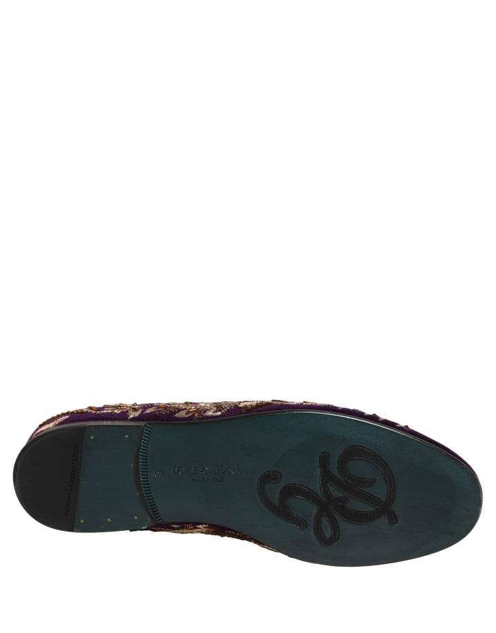 Dolce & Gabbana Violet Velvet Floral Embroidery Loafers Shoes