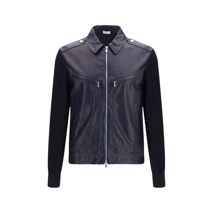 Brunello Cucinelli Blue Calf Leather Bos Taurus Leather Jacket