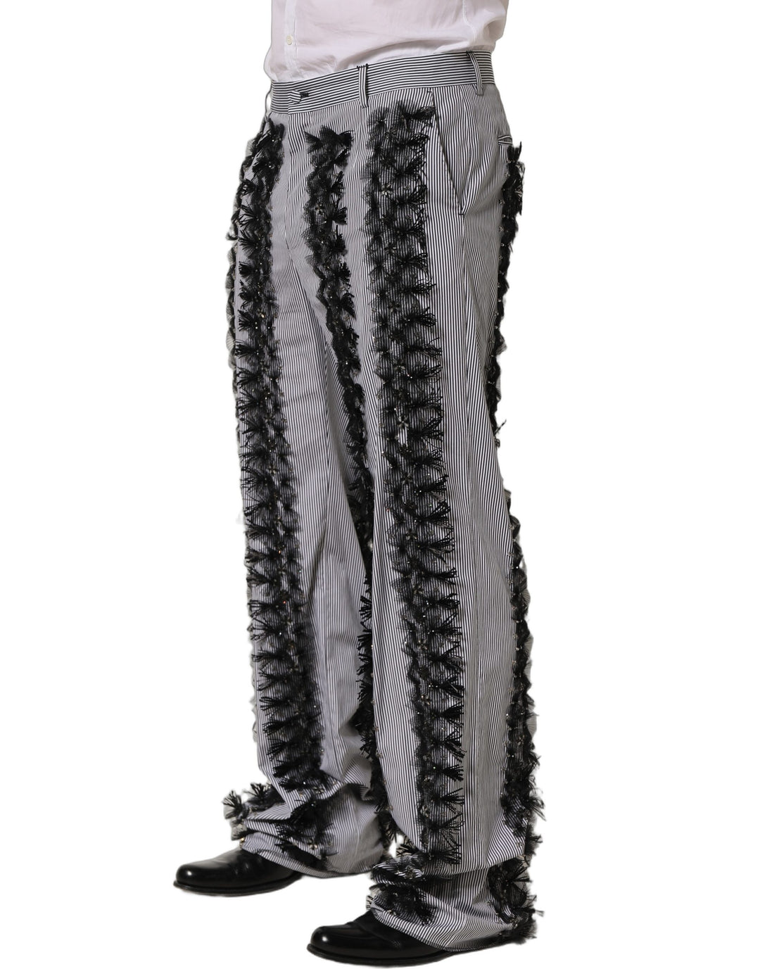 Dolce & Gabbana BlackGray Pinstripe Embellished Trouser Pants