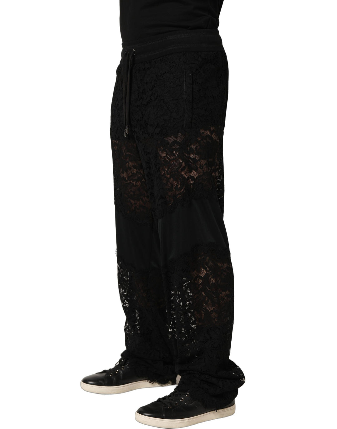 Dolce & Gabbana Black Lace Mid Waist Jogger Men Trouser Pants