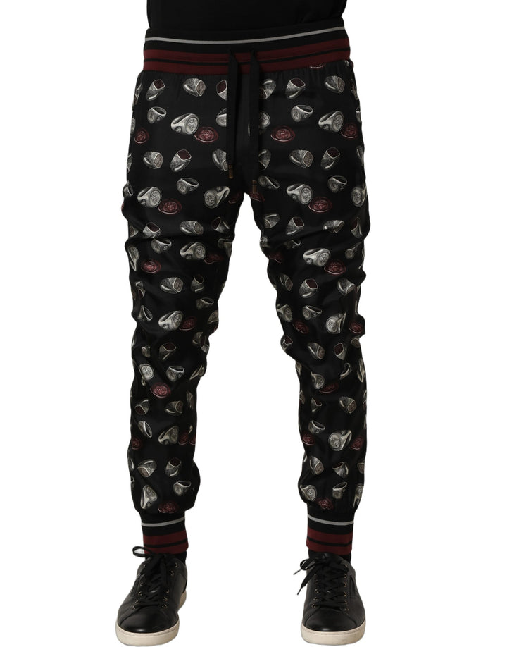 Dolce & Gabbana Pants Black Ring Print Silk Jogging Trousers
