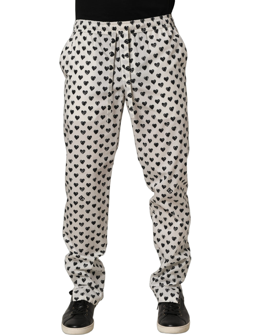 Dolce & Gabbana White Graphic Heart Print Men Trousers Pants