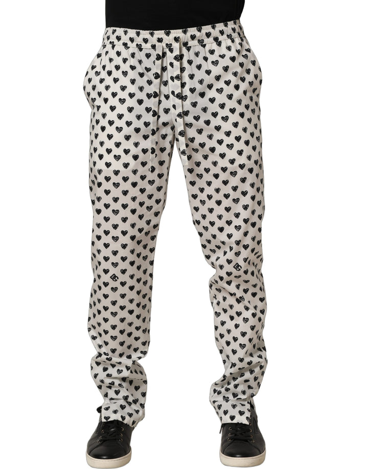 Dolce & Gabbana White Graphic Heart Print Men Trousers Pants
