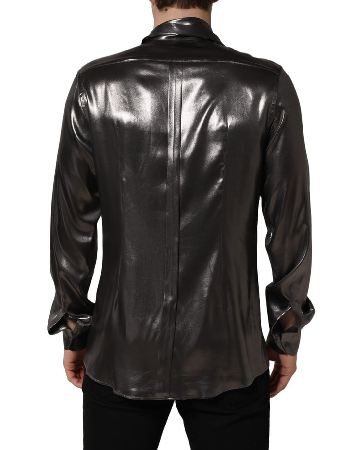 Dolce & Gabbana Silver Satin Silk Long Sleeves Men Dress Shirt