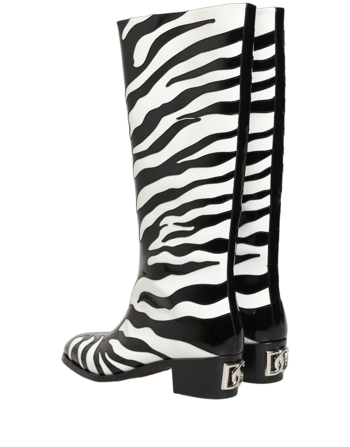Dolce & Gabbana Black White Zebra Knee High Men Boots Shoes