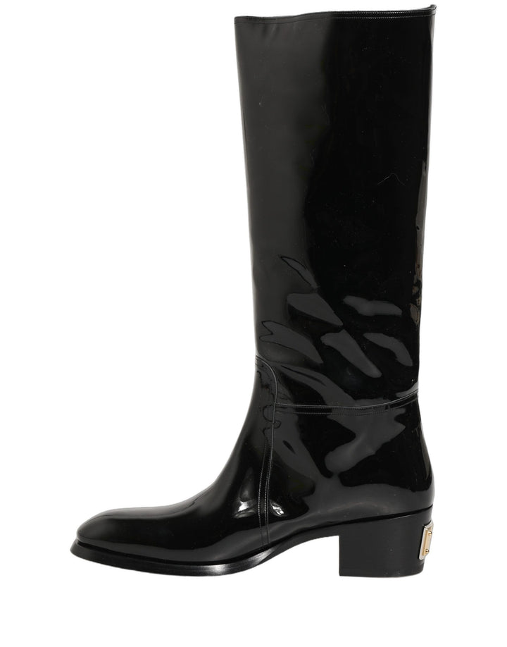 Dolce & Gabbana Black Leather Knee High Heels Boots Shoes
