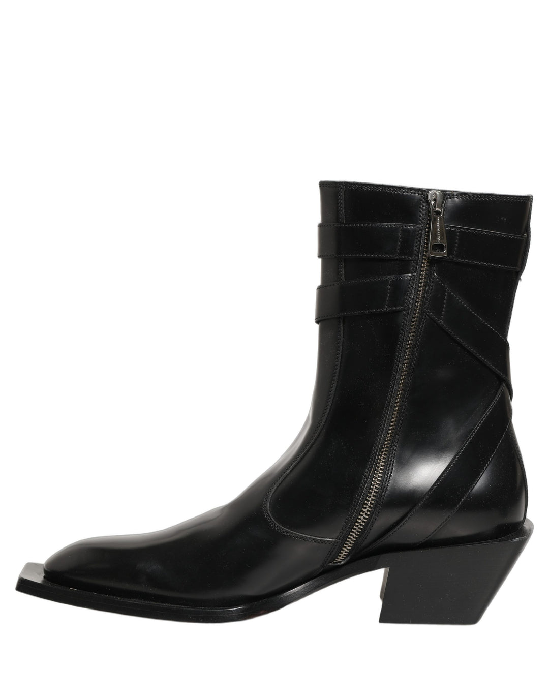 Dolce & Gabbana Black Leather DG Plaque Mid Calf Boots Shoes
